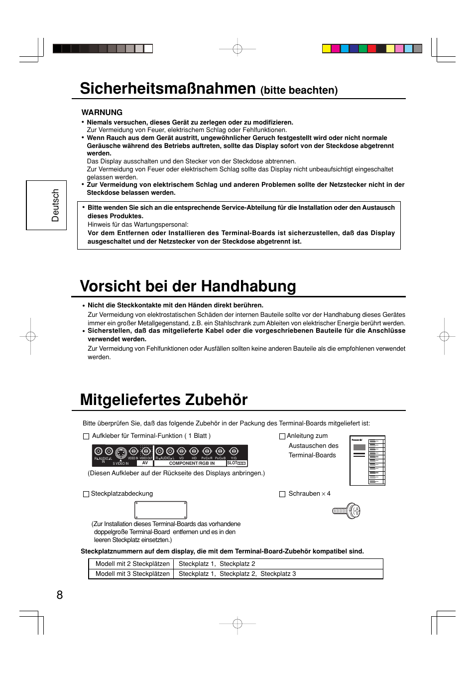 Sicherheitsmaßnahmen, Mitgeliefertes zubehör, Vorsicht bei der handhabung | Bitte beachten), Deutsch | Panasonic TY42TM6Y User Manual | Page 8 / 24