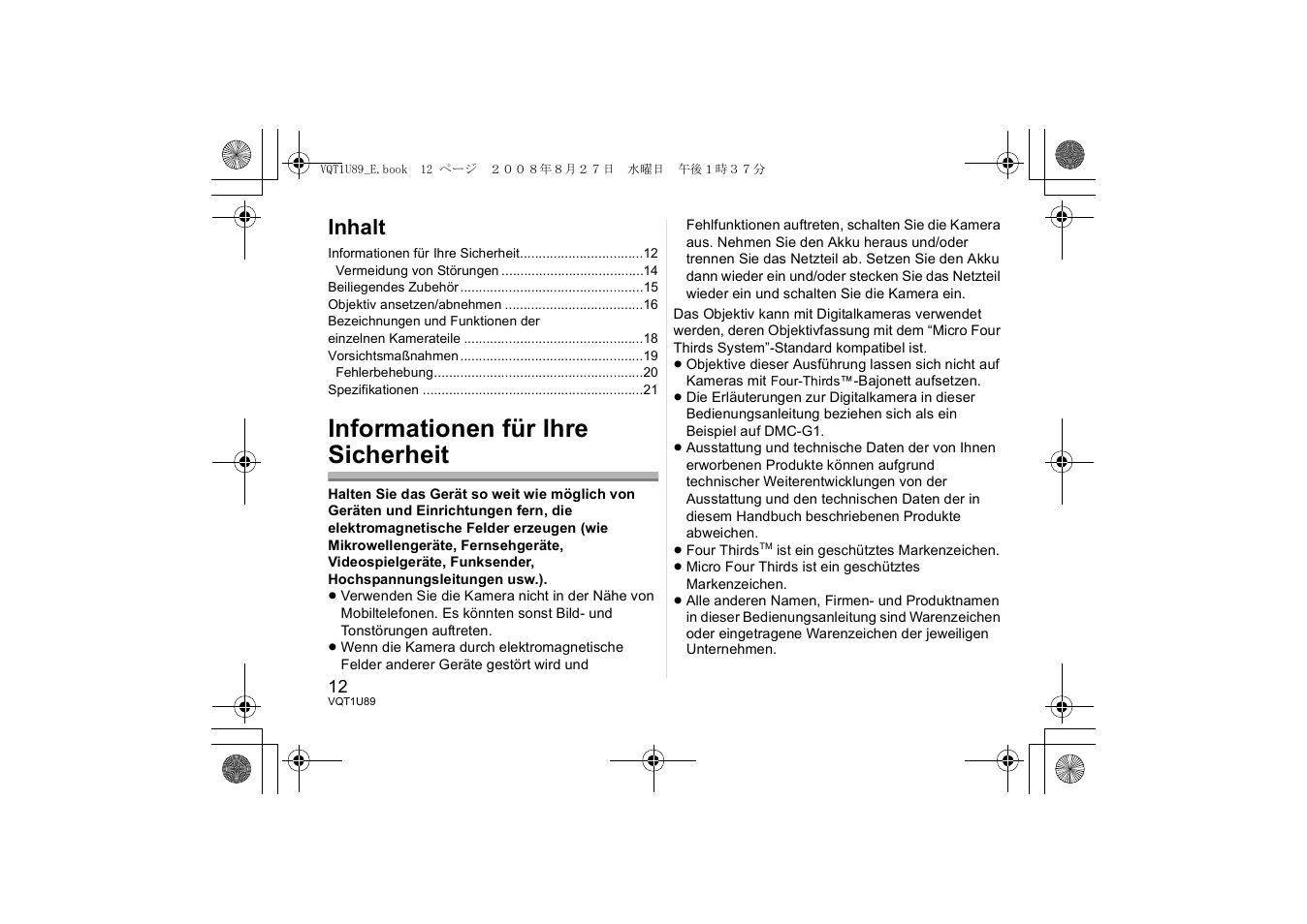 Informationen für ihre sicherheit, Inhalt | Panasonic HFS045200E User Manual | Page 12 / 72