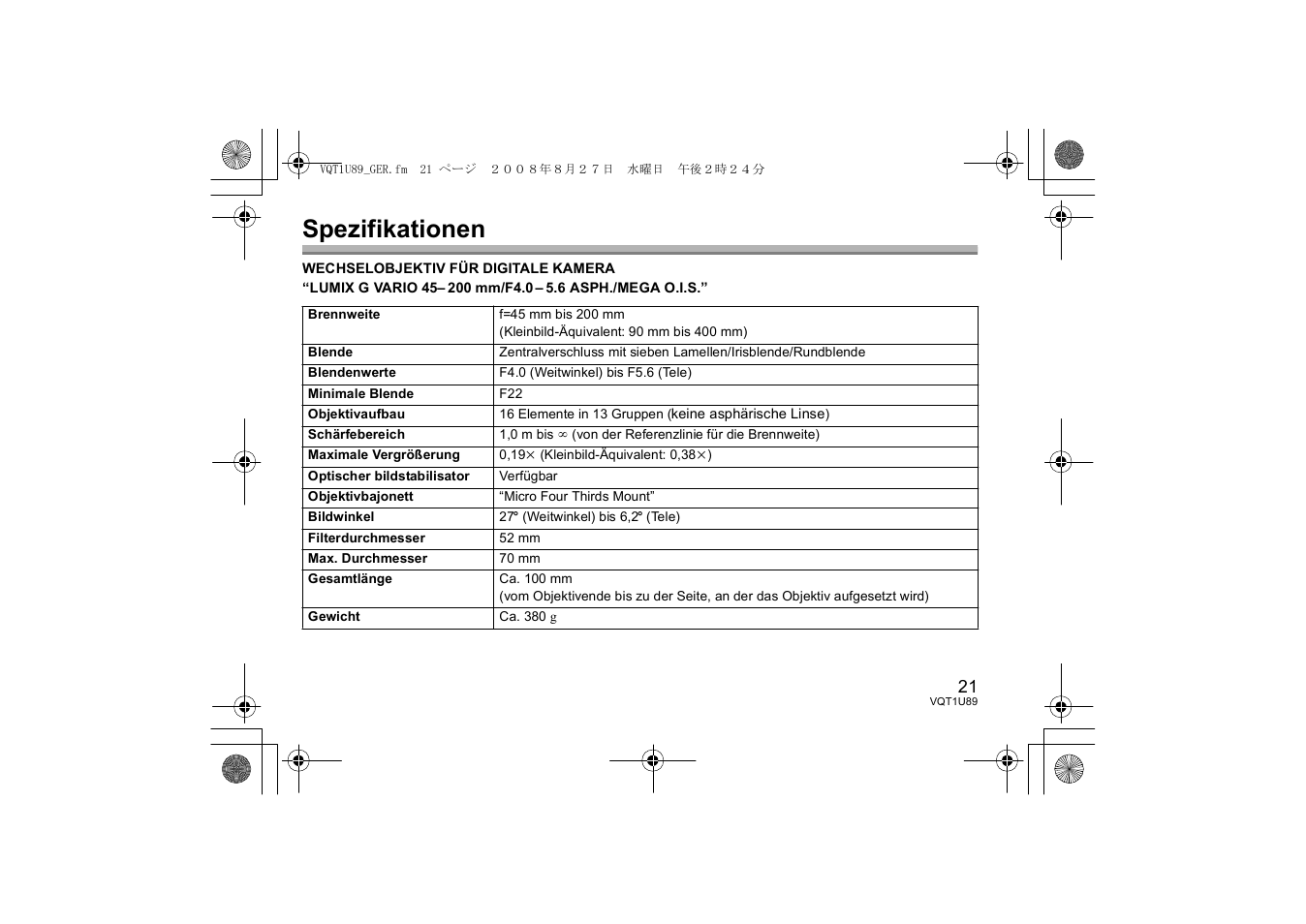 Spezifikationen | Panasonic HFS045200E User Manual | Page 21 / 72