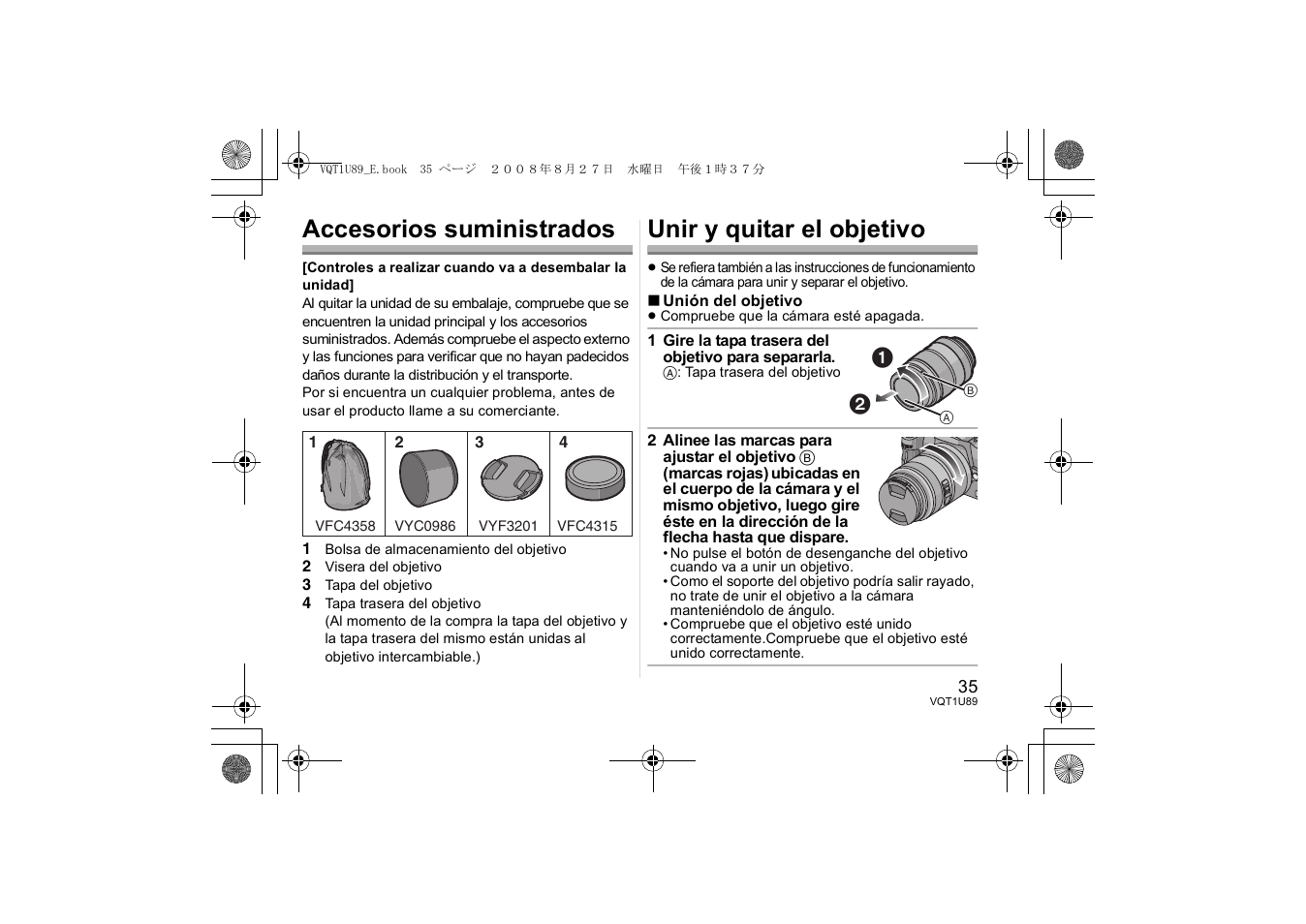 Accesorios suministrados, Unir y quitar el objetivo | Panasonic HFS045200E User Manual | Page 35 / 72