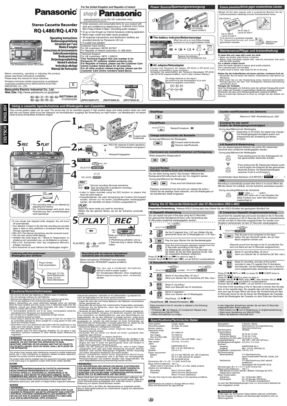 Panasonic RQL480 User Manual | 4 pages