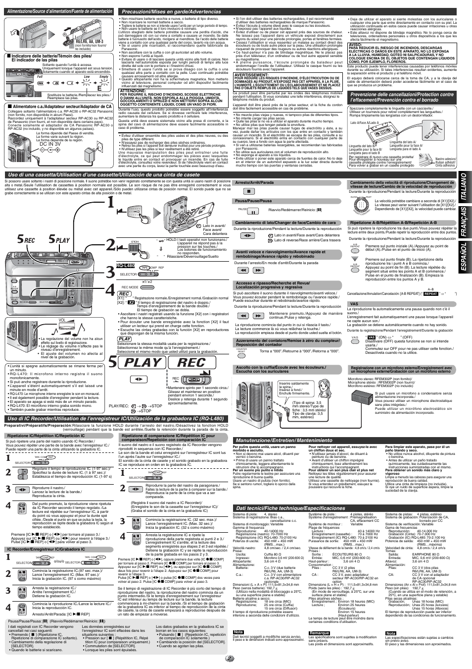 X1/x2 tape comp rep, Hold, Tape c omp r ep | Hol d, Plug in po wer), It aliano fran ç ais esp a ñ ol, Dc in 3v precauzioni/mises en garde/advertencias, Manutenzione/entretien/ mantenimiento, Dati tecnici/fiche technique/especificaciones | Panasonic RQL480 User Manual | Page 2 / 4