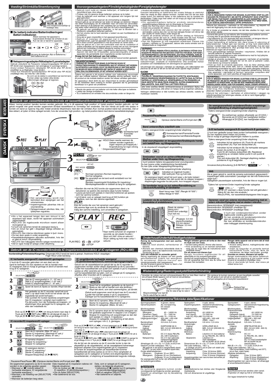 X1/x2 tape comp rep, Hold, Tape c omp r ep | Hol d, Plug in po wer), Nederlands svenska d ansk, Voeding/strömkälla/strømforsyning, Dc in 3v, Play, Onderhoud/underhåll/vedligeholdelse | Panasonic RQL480 User Manual | Page 3 / 4