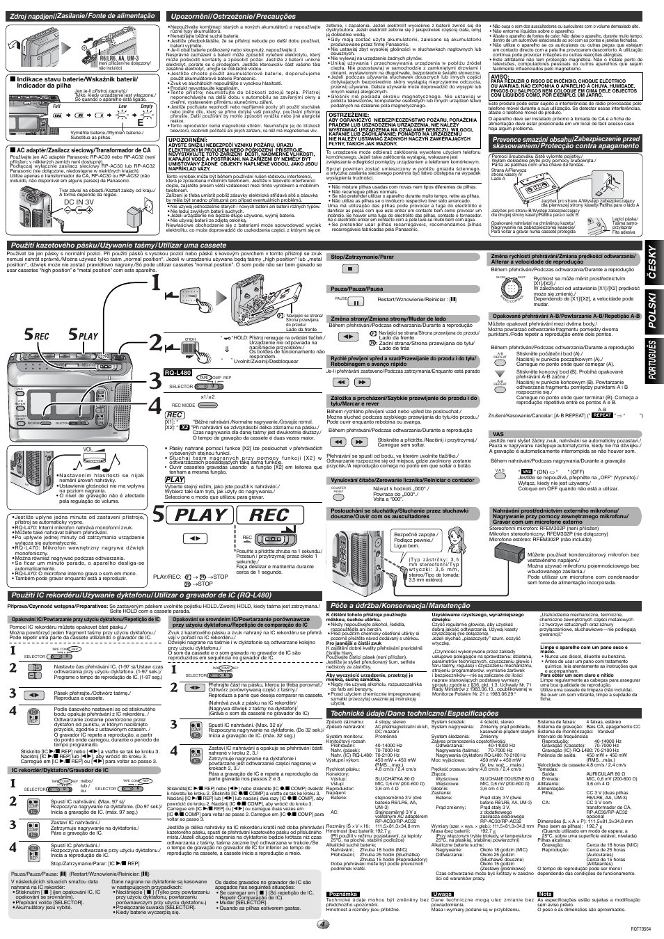 X1/x2 tape comp rep, Hold, Tape c omp r ep | Hol d, Plug in po wer), Česky polski por tuguês, Zdroj napájení/zasilanie/fonte de alimentação, Dc in 3v, Upozornění/ostrze¿enie/ precauções, Play | Panasonic RQL480 User Manual | Page 4 / 4