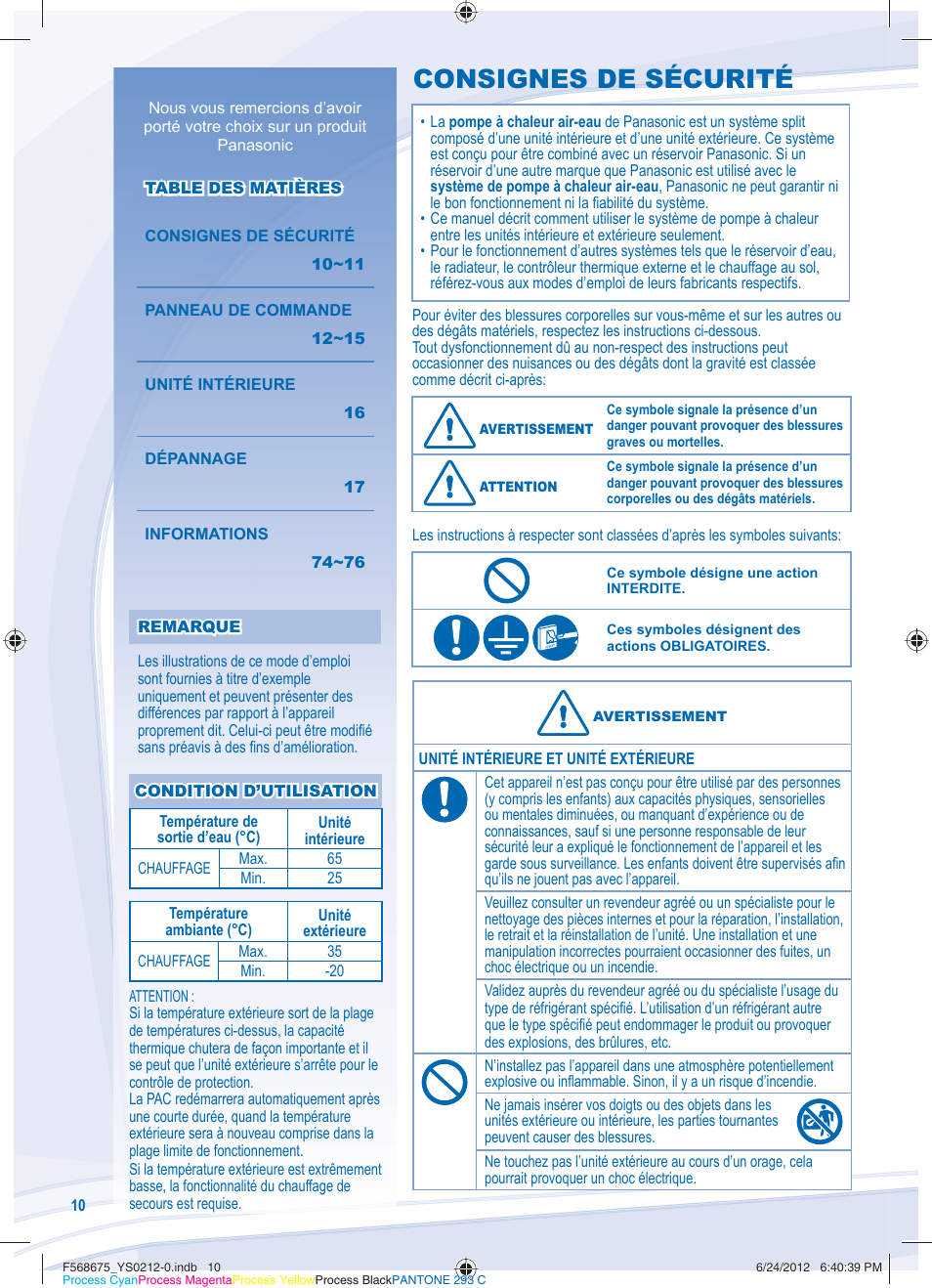 Consignes de sécurité | Panasonic WHUH12DE8 User Manual | Page 10 / 76