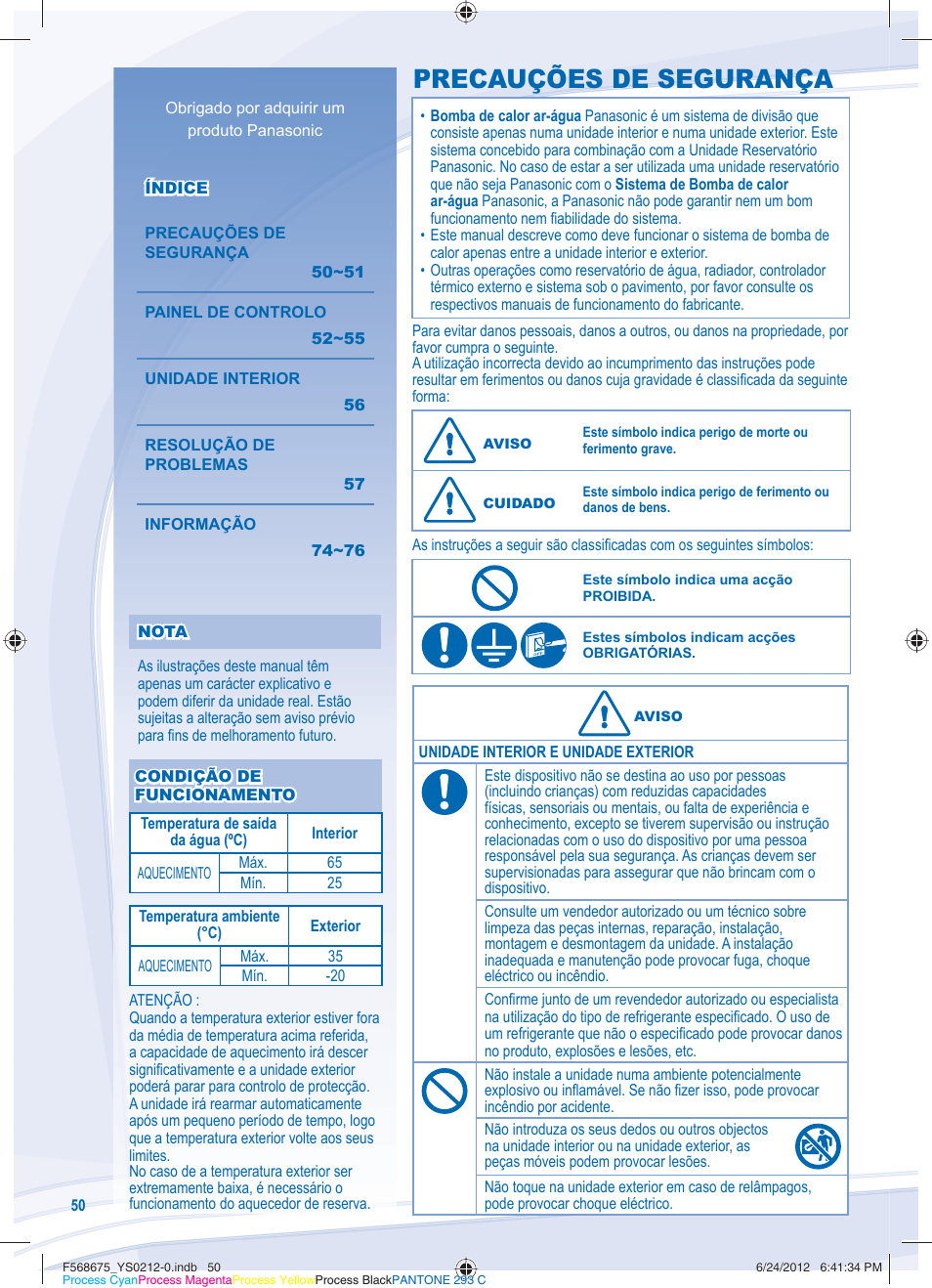 Precauções de segurança | Panasonic WHUH12DE8 User Manual | Page 50 / 76