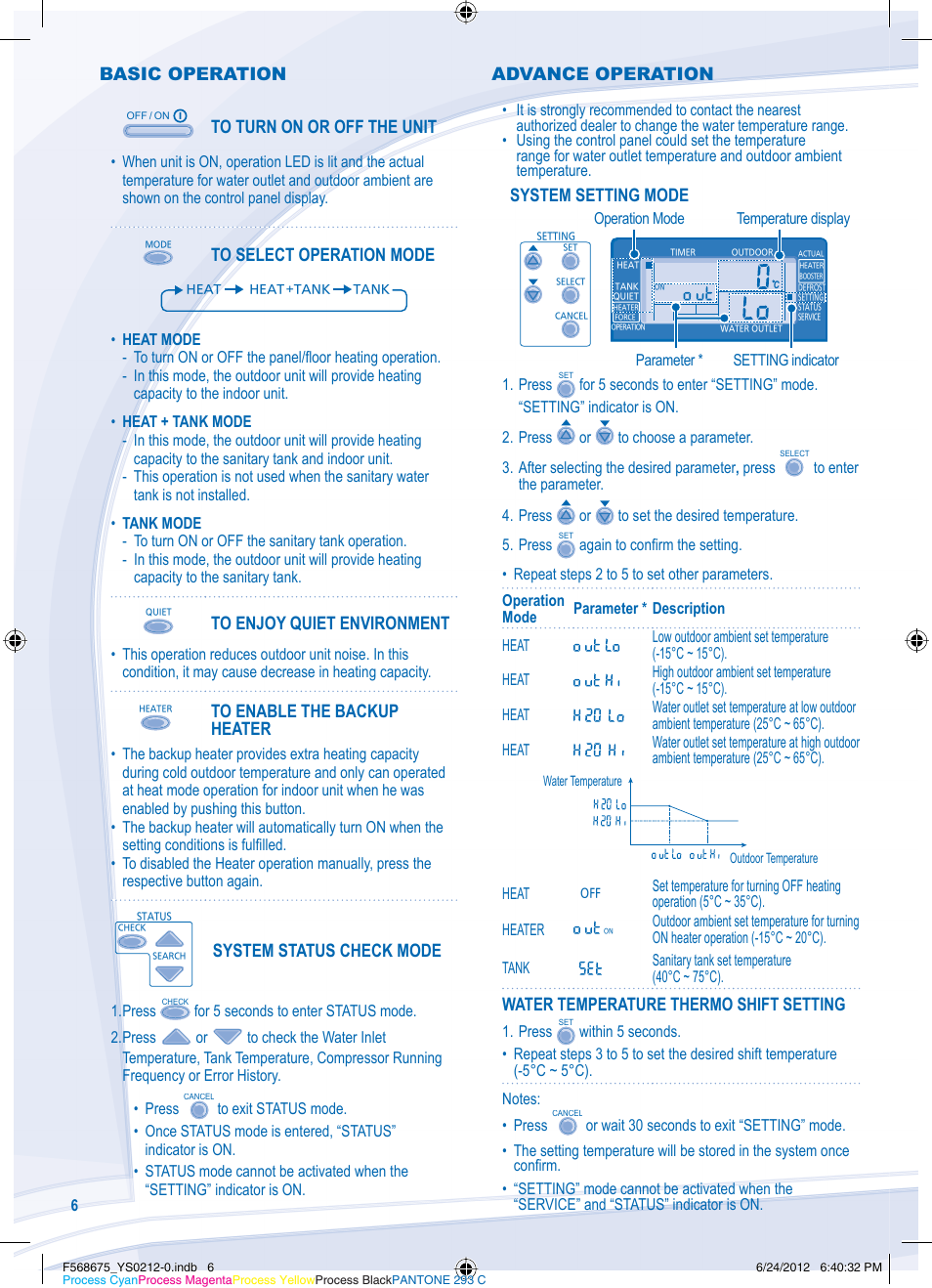 Basic operation, System status check mode, System setting mode | Water temperature thermo shift setting, Advance operation | Panasonic WHUH12DE8 User Manual | Page 6 / 76
