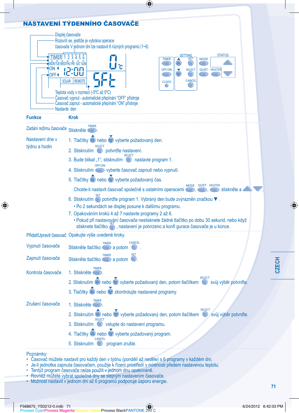 Czech, Nastavení týdenního časovače | Panasonic WHUH12DE8 User Manual | Page 71 / 76