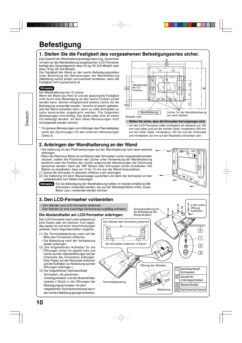 Befestigung, Anbringen der wandhalterung an der wand, Den lcd-fernseher vorbereiten | Deutsch | Panasonic TYWK32LX20W User Manual | Page 10 / 24