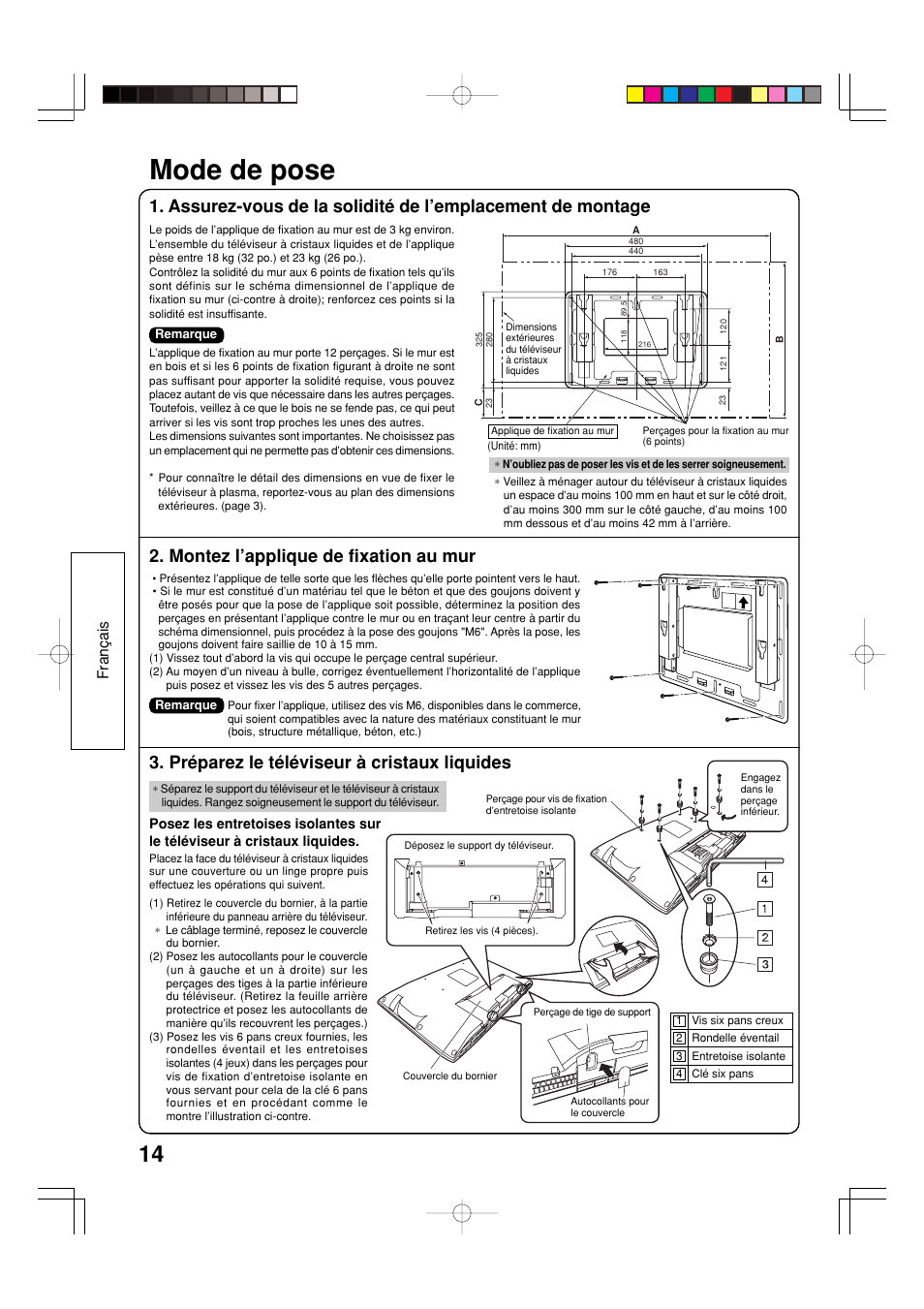 Mode de pose, Montez l’applique de fixation au mur, Préparez le téléviseur à cristaux liquides | Fran ç ais | Panasonic TYWK32LX20W User Manual | Page 14 / 24