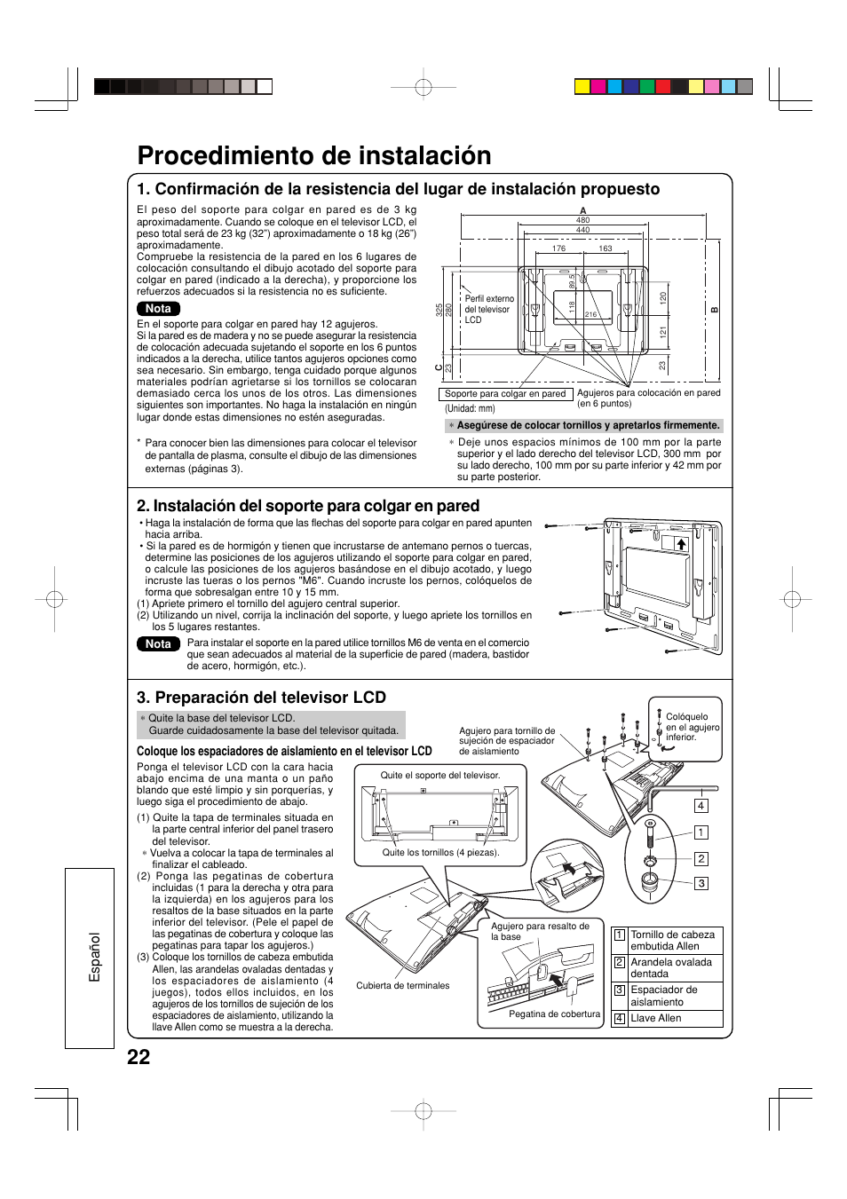 Procedimiento de instalación, Instalación del soporte para colgar en pared, Preparación del televisor lcd | Espa ñ ol | Panasonic TYWK32LX20W User Manual | Page 22 / 24