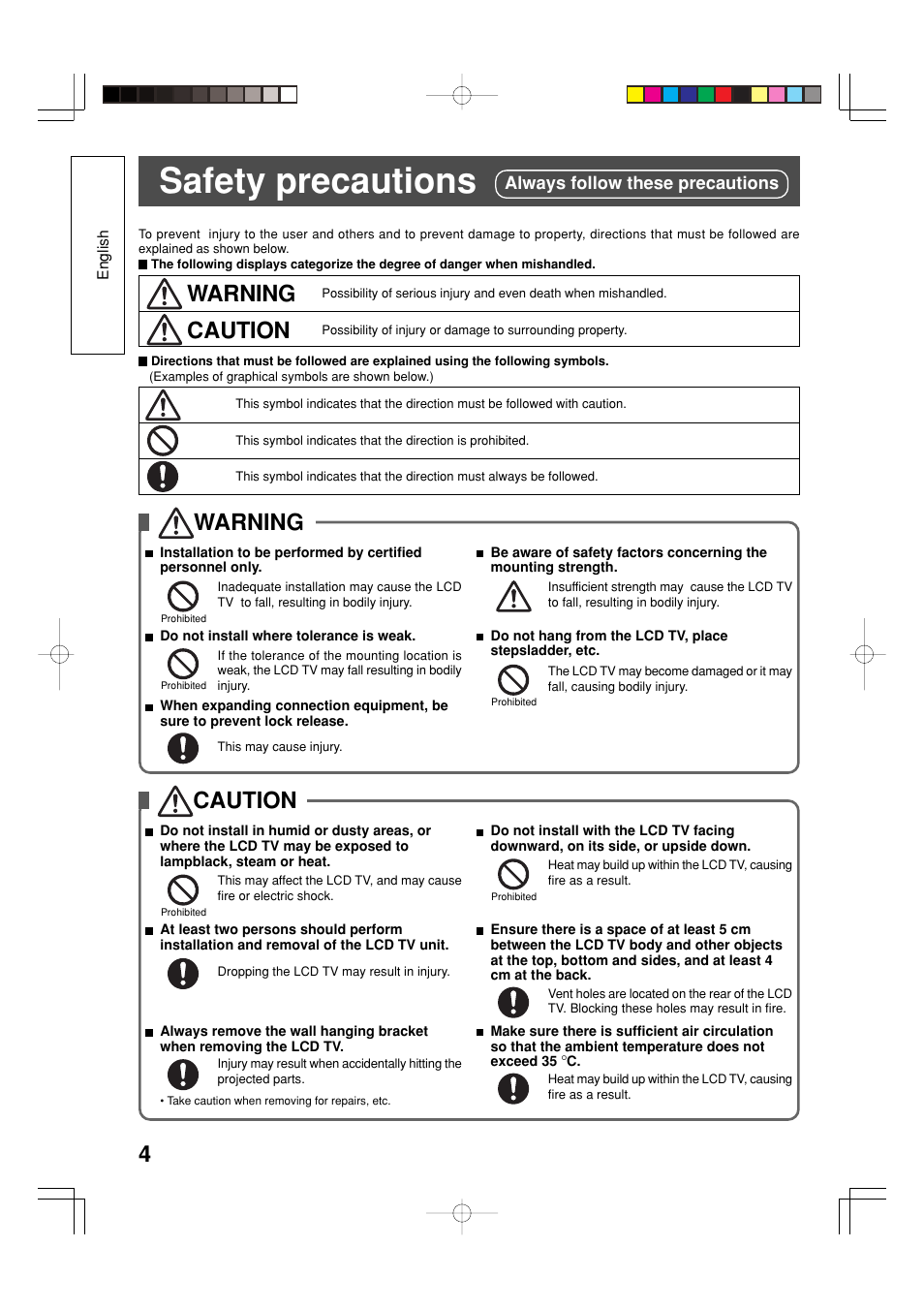 Safety precautions, Warning, Caution | Panasonic TYWK32LX20W User Manual | Page 4 / 24