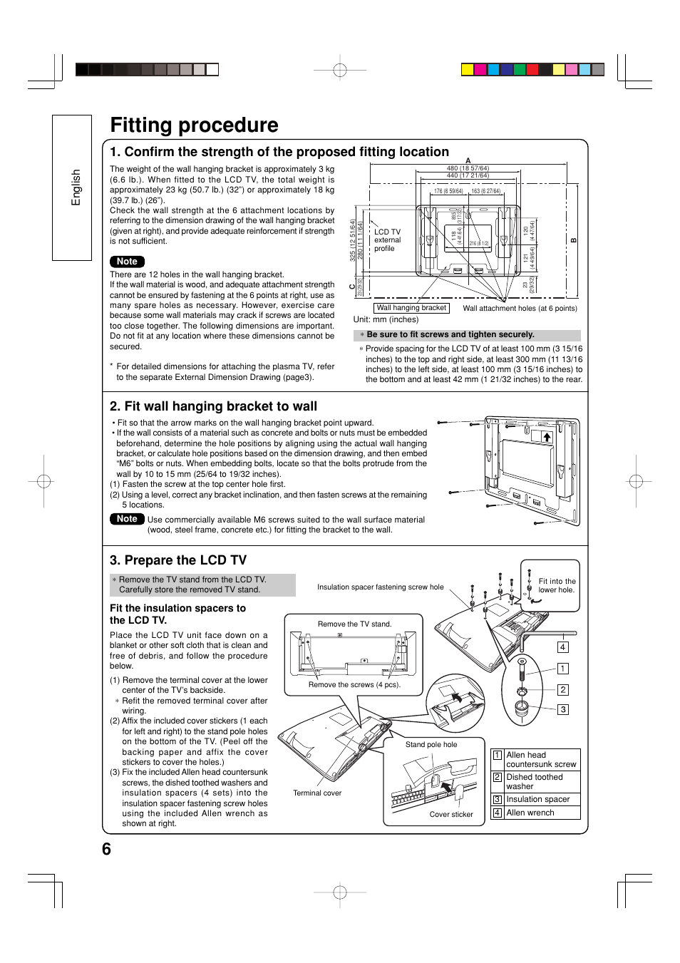 Fitting procedure, Fit wall hanging bracket to wall, Prepare the lcd tv | English | Panasonic TYWK32LX20W User Manual | Page 6 / 24