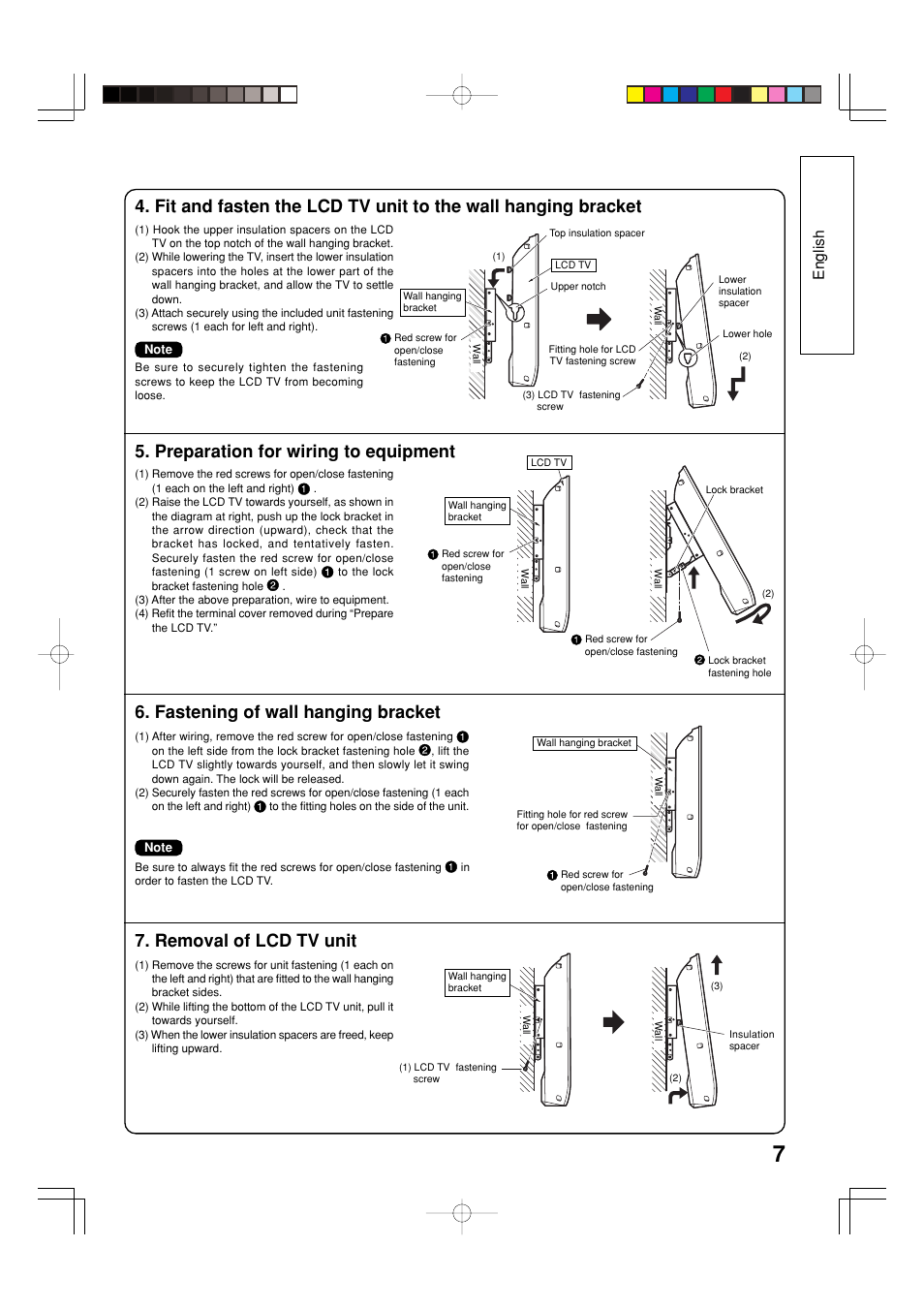 Preparation for wiring to equipment, Fastening of wall hanging bracket, Removal of lcd tv unit | English | Panasonic TYWK32LX20W User Manual | Page 7 / 24