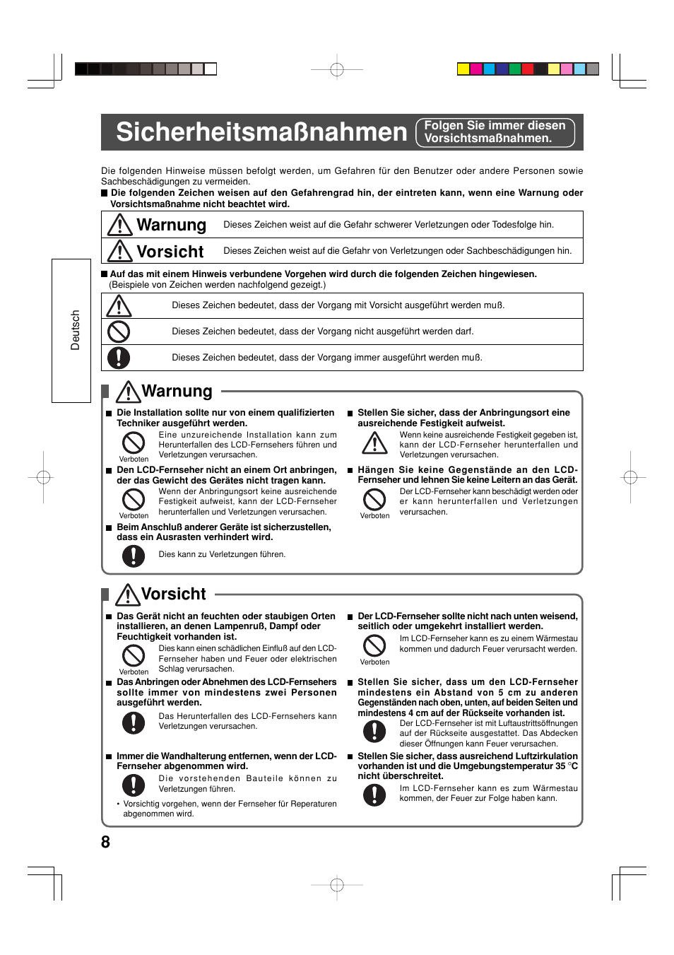 Sicherheitsmaßnahmen, Warnung, Vorsicht | Panasonic TYWK32LX20W User Manual | Page 8 / 24
