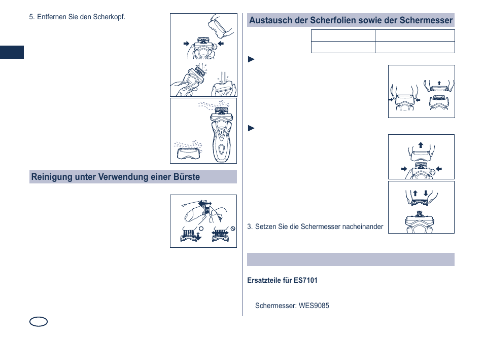 Reinigung unter verwendung einer bürste, Austausch der scherfolien sowie der schermesser, Ersatzteile | Panasonic ES7101 User Manual | Page 12 / 102