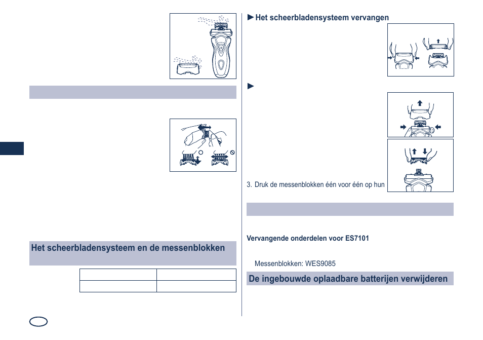 Reinigen met het borsteltje, Vervangende onderdelen, De ingebouwde oplaadbare batterijen verwijderen | Panasonic ES7101 User Manual | Page 28 / 102