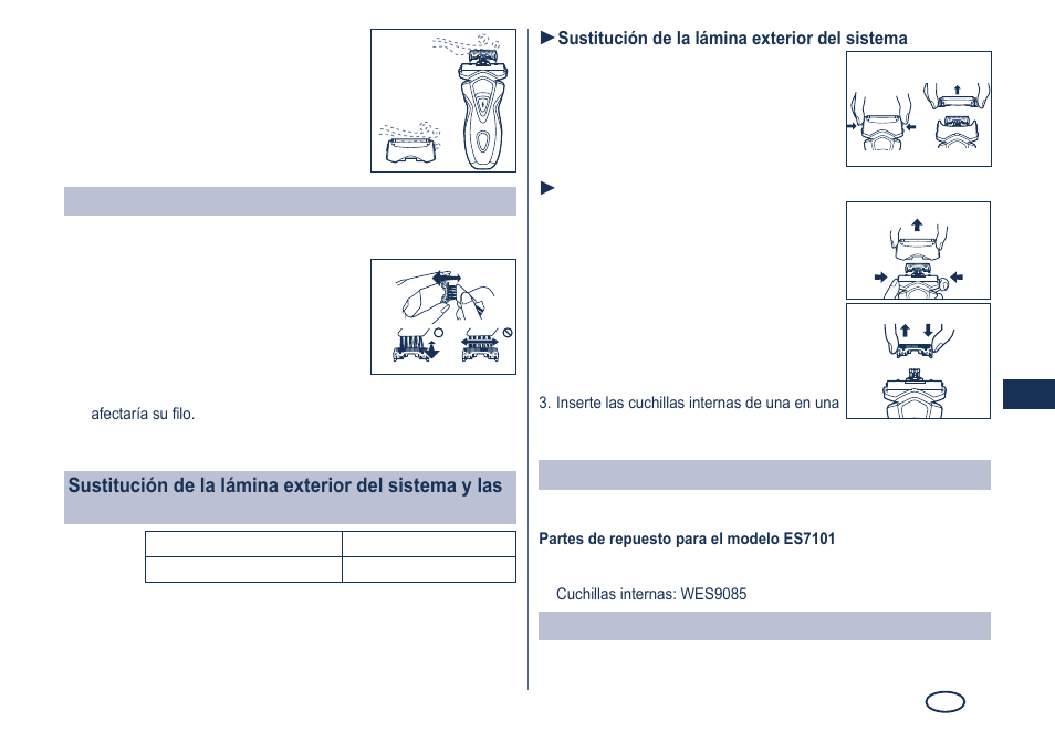Limpieza con la escobilla, Piezas de repuesto, Eliminación de las baterías recargables integradas | Panasonic ES7101 User Manual | Page 33 / 102