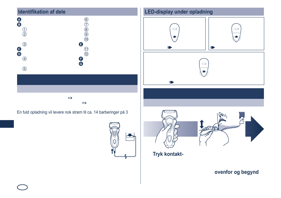 Opladning, Brug | Panasonic ES7101 User Manual | Page 36 / 102