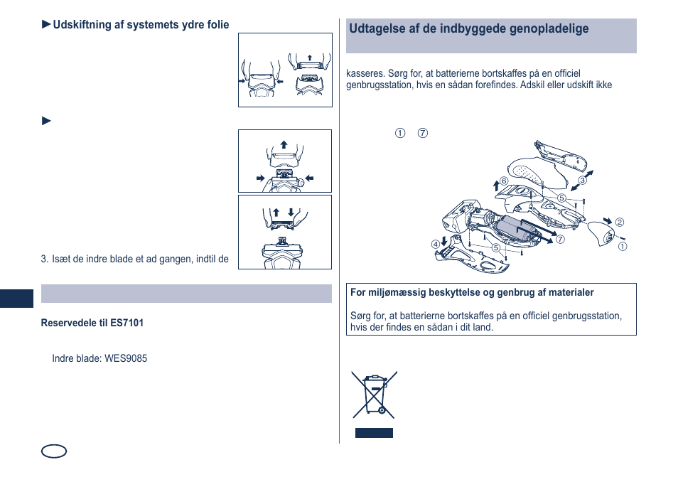 Reservedele, Udtagelse af de indbyggede genopladelige batterier | Panasonic ES7101 User Manual | Page 38 / 102