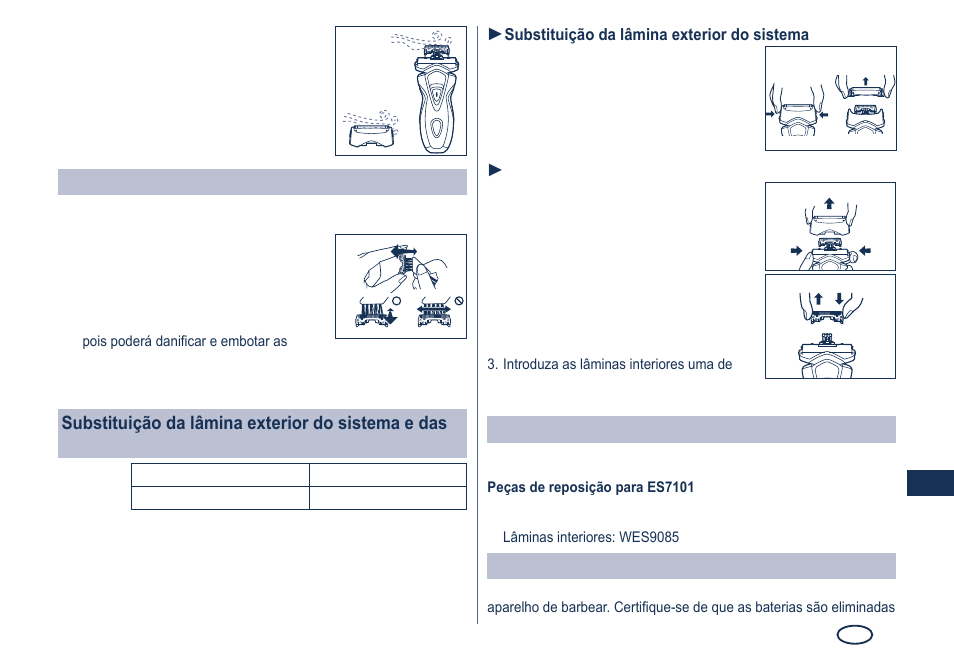 Limpeza com o pincel, Peças de reposição, Remoção das baterias recarregáveis incorporadas | Panasonic ES7101 User Manual | Page 43 / 102