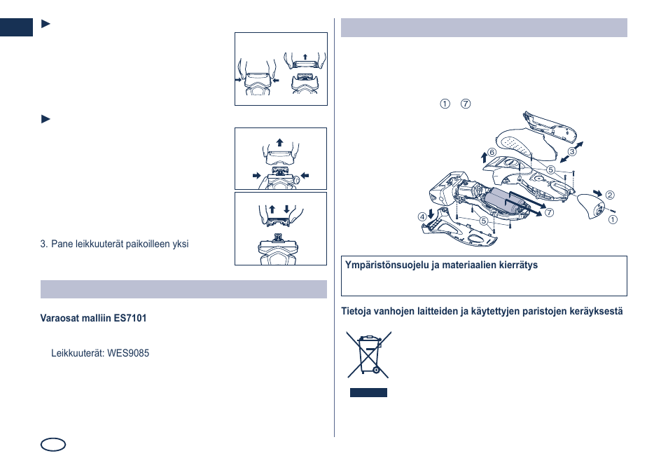 Varaosat, Sisäänrakennetujen akkujen poisto | Panasonic ES7101 User Manual | Page 58 / 102