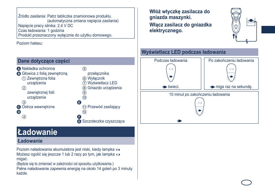 Ładowanie | Panasonic ES7101 User Manual | Page 61 / 102