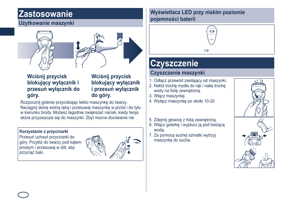 Zastosowanie, Czyszczenie | Panasonic ES7101 User Manual | Page 62 / 102