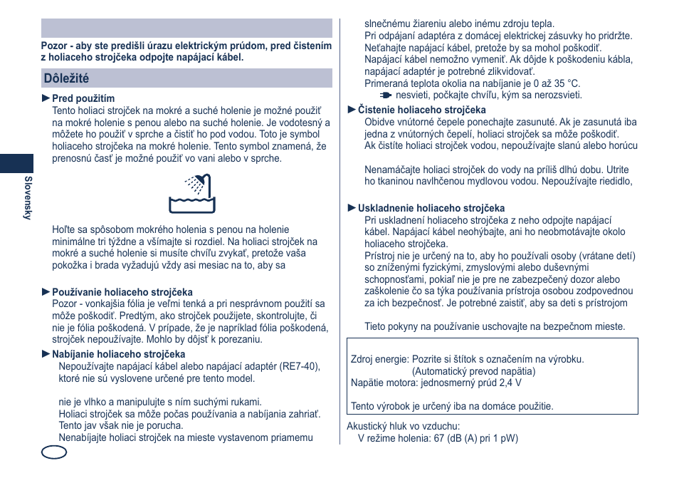 Pozor, Dôležité | Panasonic ES7101 User Manual | Page 70 / 102