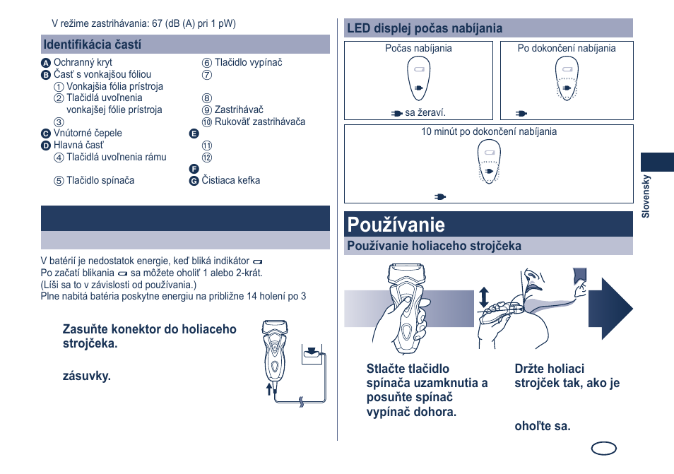 Nabíjanie, Používanie | Panasonic ES7101 User Manual | Page 71 / 102