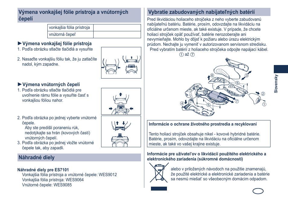 Náhradné diely, Vybratie zabudovaných nabíjateľných batérií | Panasonic ES7101 User Manual | Page 73 / 102