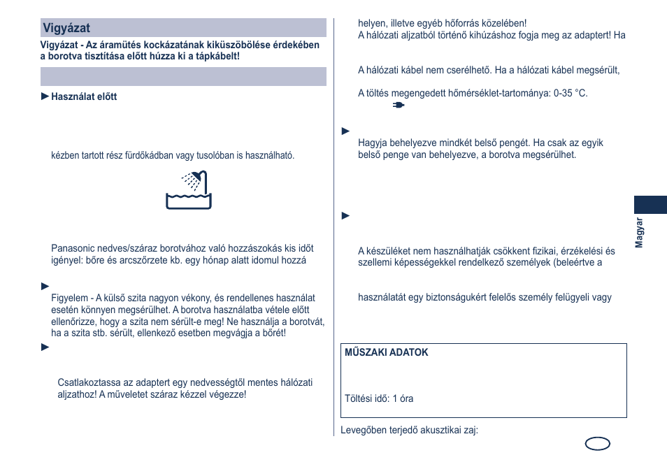 Vigyázat, Fontos | Panasonic ES7101 User Manual | Page 75 / 102