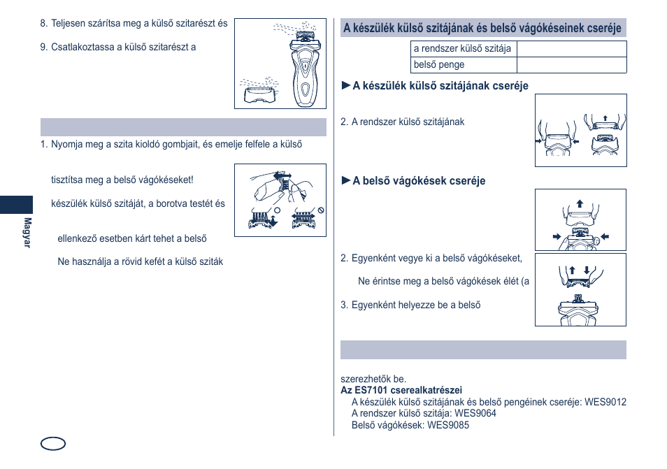 Tisztítás a kefével, Cserealkatrészek | Panasonic ES7101 User Manual | Page 78 / 102