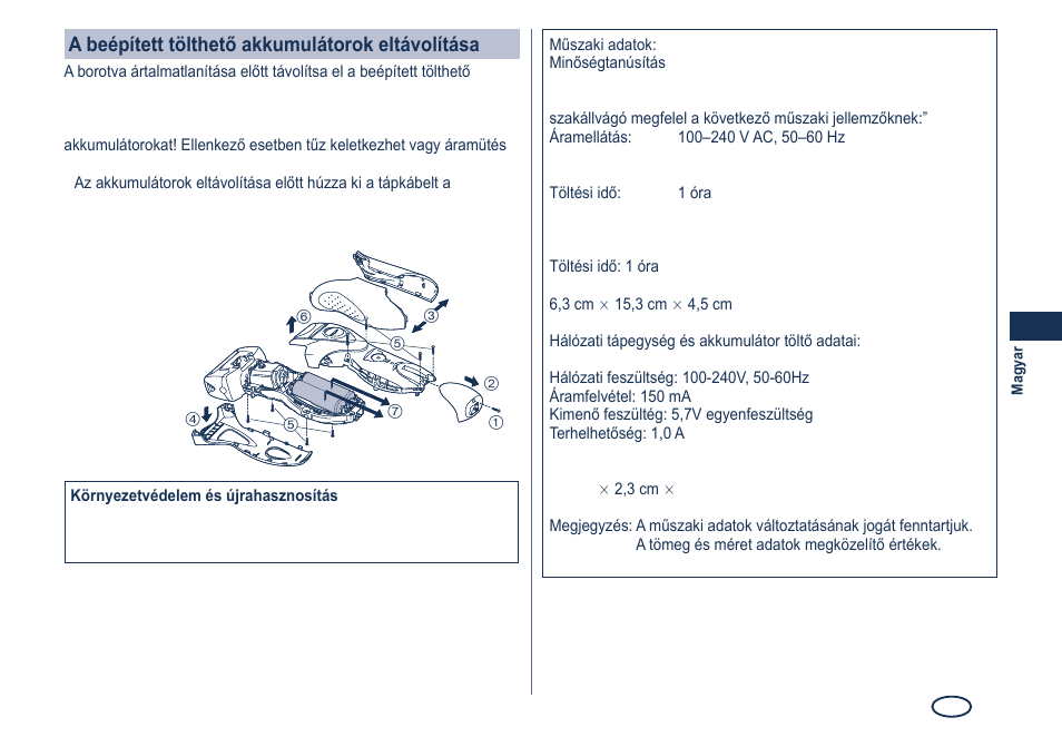 A beépített tölthető akkumulátorok eltávolítása | Panasonic ES7101 User Manual | Page 79 / 102