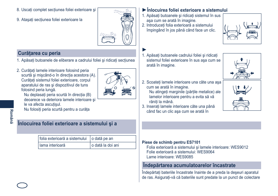 Curăţarea cu peria, Piese de schimb, Îndepărtarea acumulatoarelor încastrate | Panasonic ES7101 User Manual | Page 84 / 102