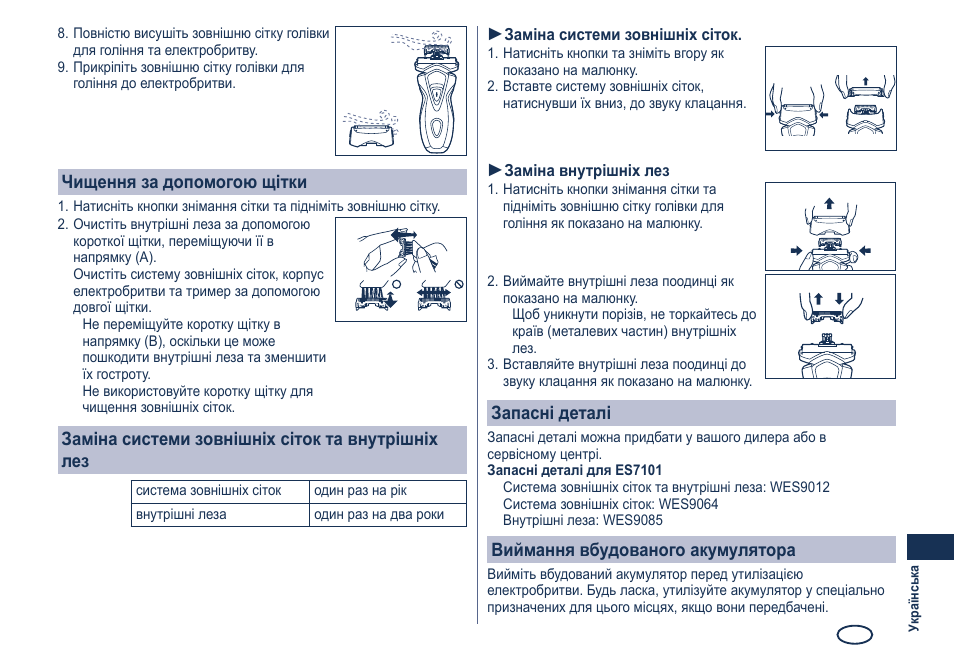 Чищення за допомогою щітки, Заміна системи зовнішніх сіток та внутрішніх лез, Запасні деталі | Виймання вбудованого акумулятора | Panasonic ES7101 User Manual | Page 99 / 102
