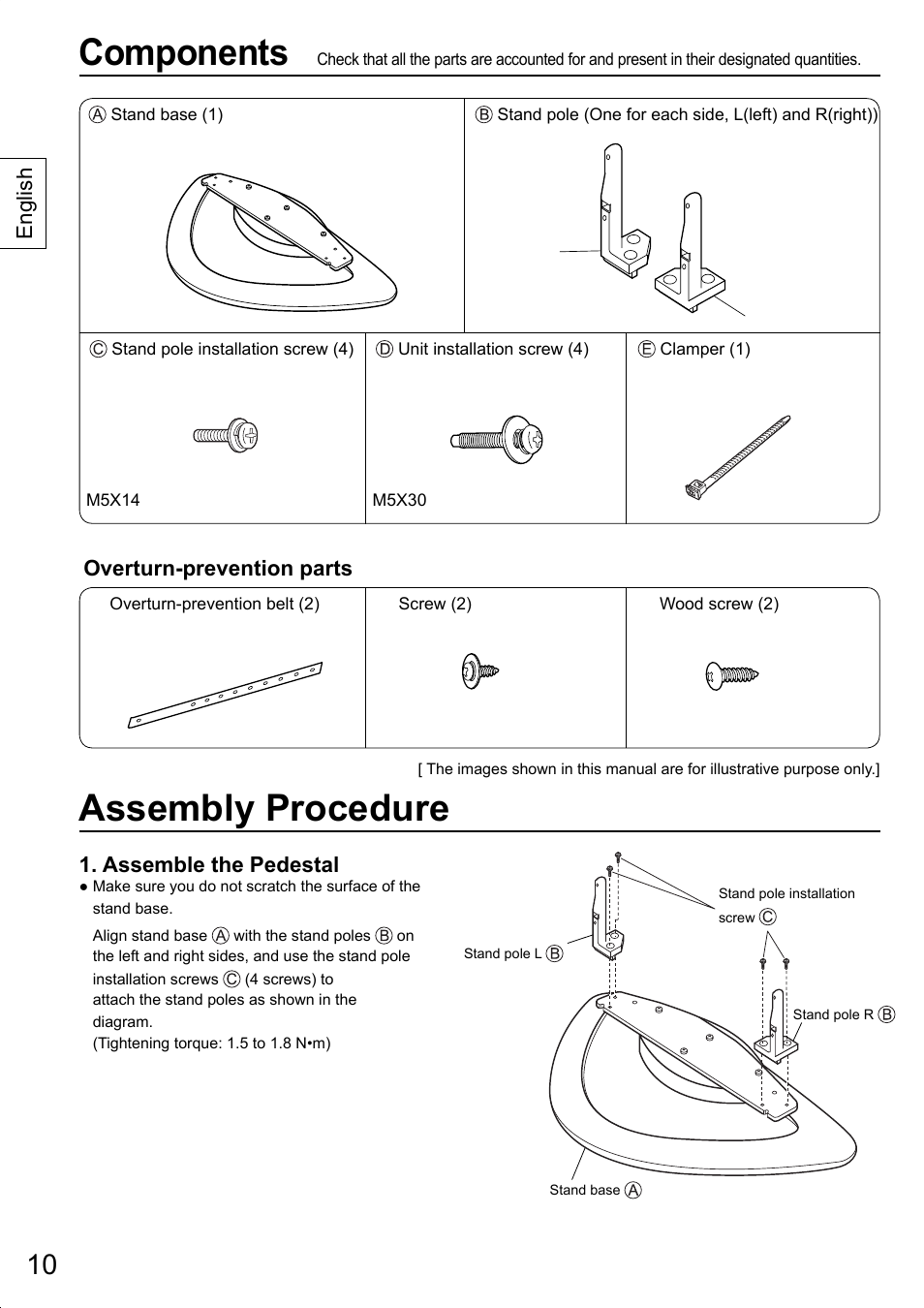 Components, Assembly procedure, Overturn-prevention parts | Assemble the pedestal, English | Panasonic TYST20K User Manual | Page 10 / 60