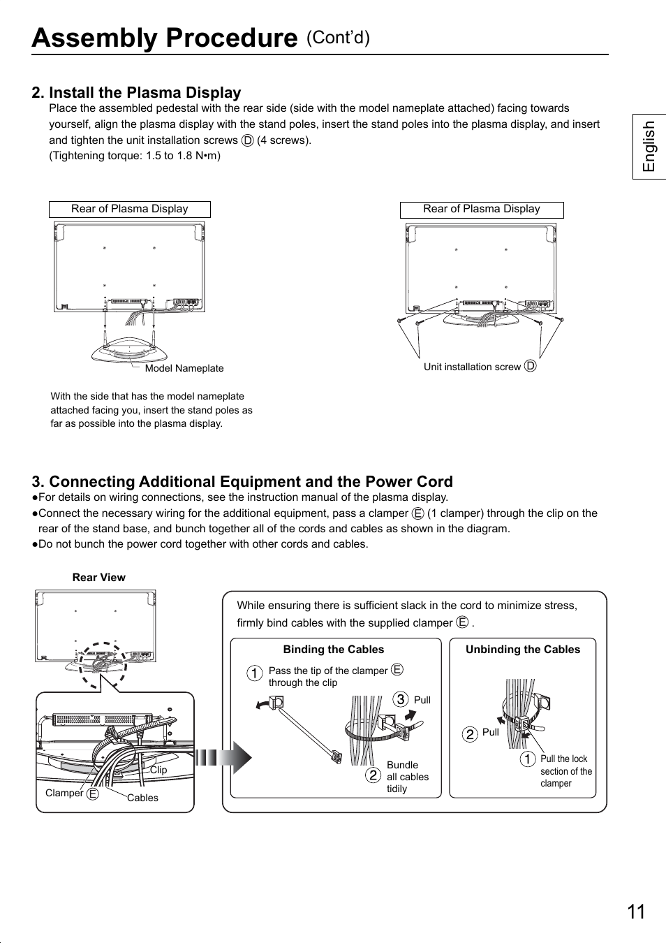 Assembly procedure, Cont’d), Install the plasma display | Connecting additional equipment and the power cord, English | Panasonic TYST20K User Manual | Page 11 / 60