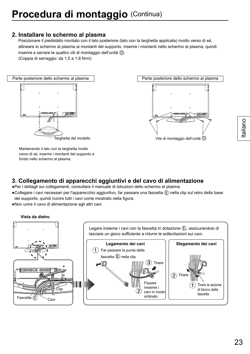 Procedura di montaggio, Continua), Installare lo schermo al plasma | Italiano | Panasonic TYST20K User Manual | Page 23 / 60