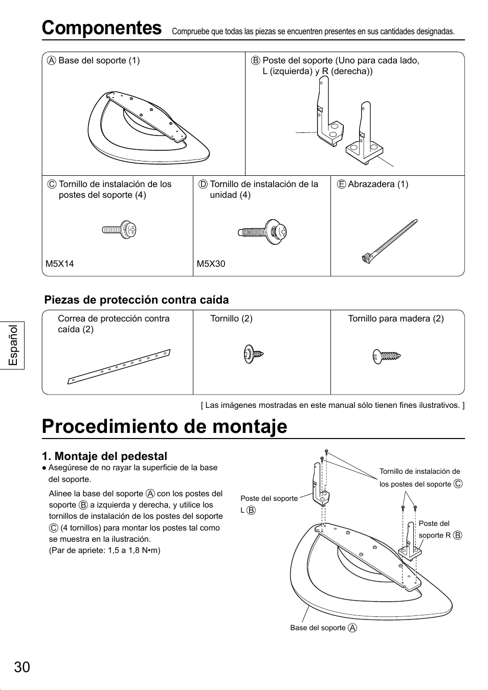 Componentes, Procedimiento de montaje, Piezas de protección contra caída | Montaje del pedestal, Español | Panasonic TYST20K User Manual | Page 30 / 60