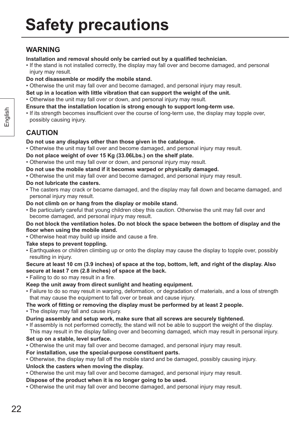 Safety precautions, Warning, Caution | Panasonic TYST65PF1 User Manual | Page 22 / 96