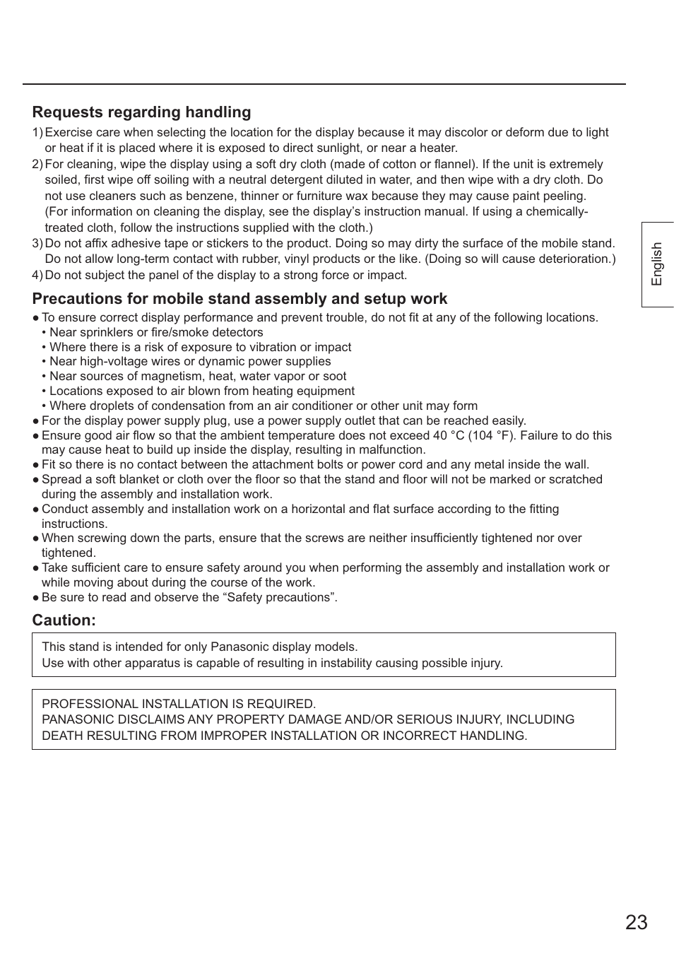 Requests regarding handling, Caution | Panasonic TYST65PF1 User Manual | Page 23 / 96