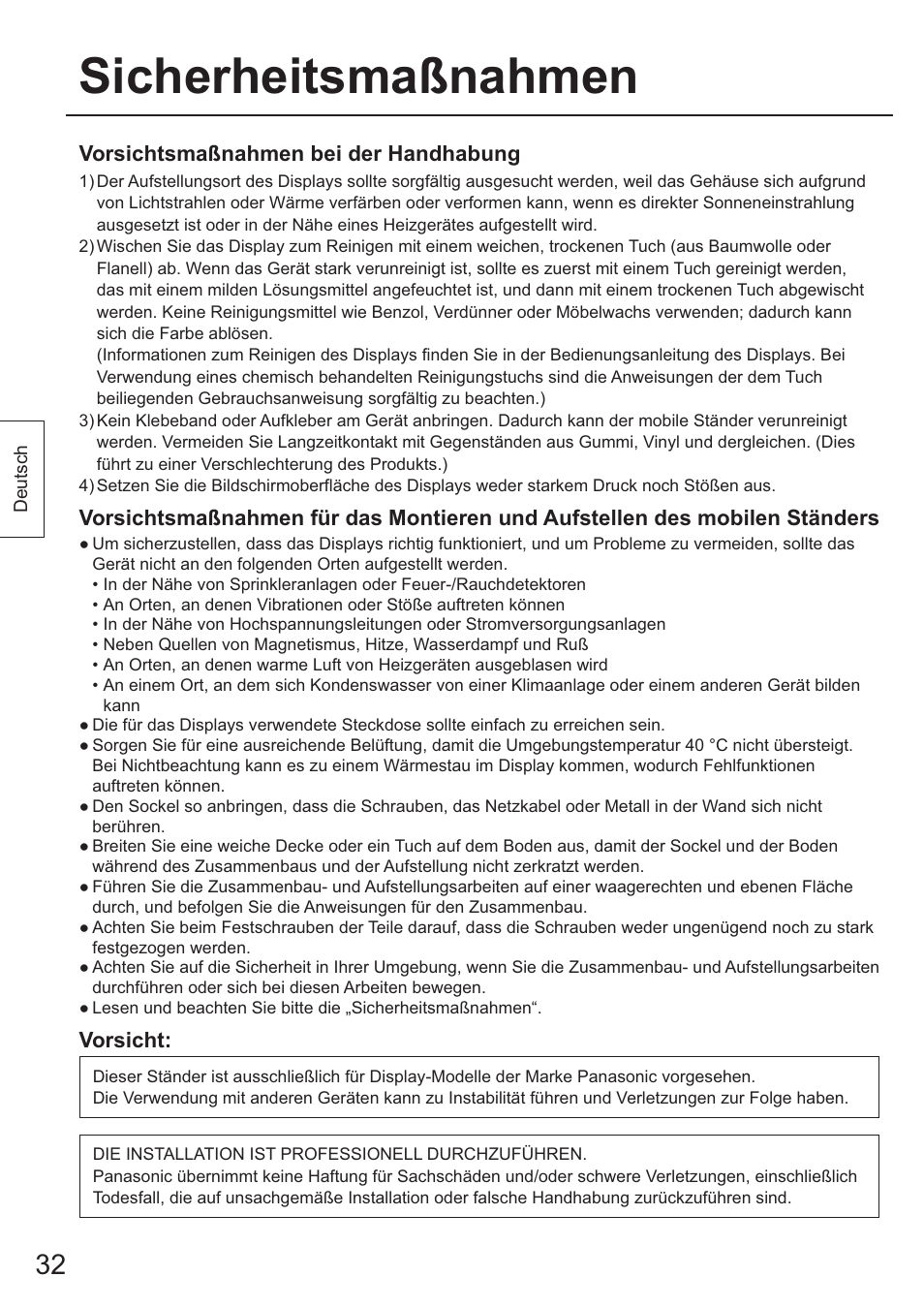 Sicherheitsmaßnahmen, Vorsichtsmaßnahmen bei der handhabung, Vorsicht | Panasonic TYST65PF1 User Manual | Page 32 / 96