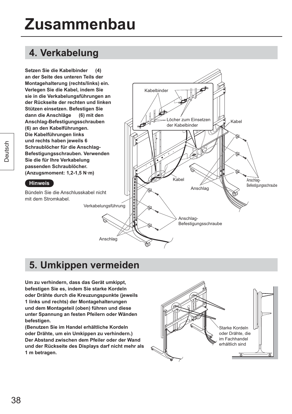 Verkabelung, Umkippen vermeiden, Zusammenbau | Panasonic TYST65PF1 User Manual | Page 38 / 96