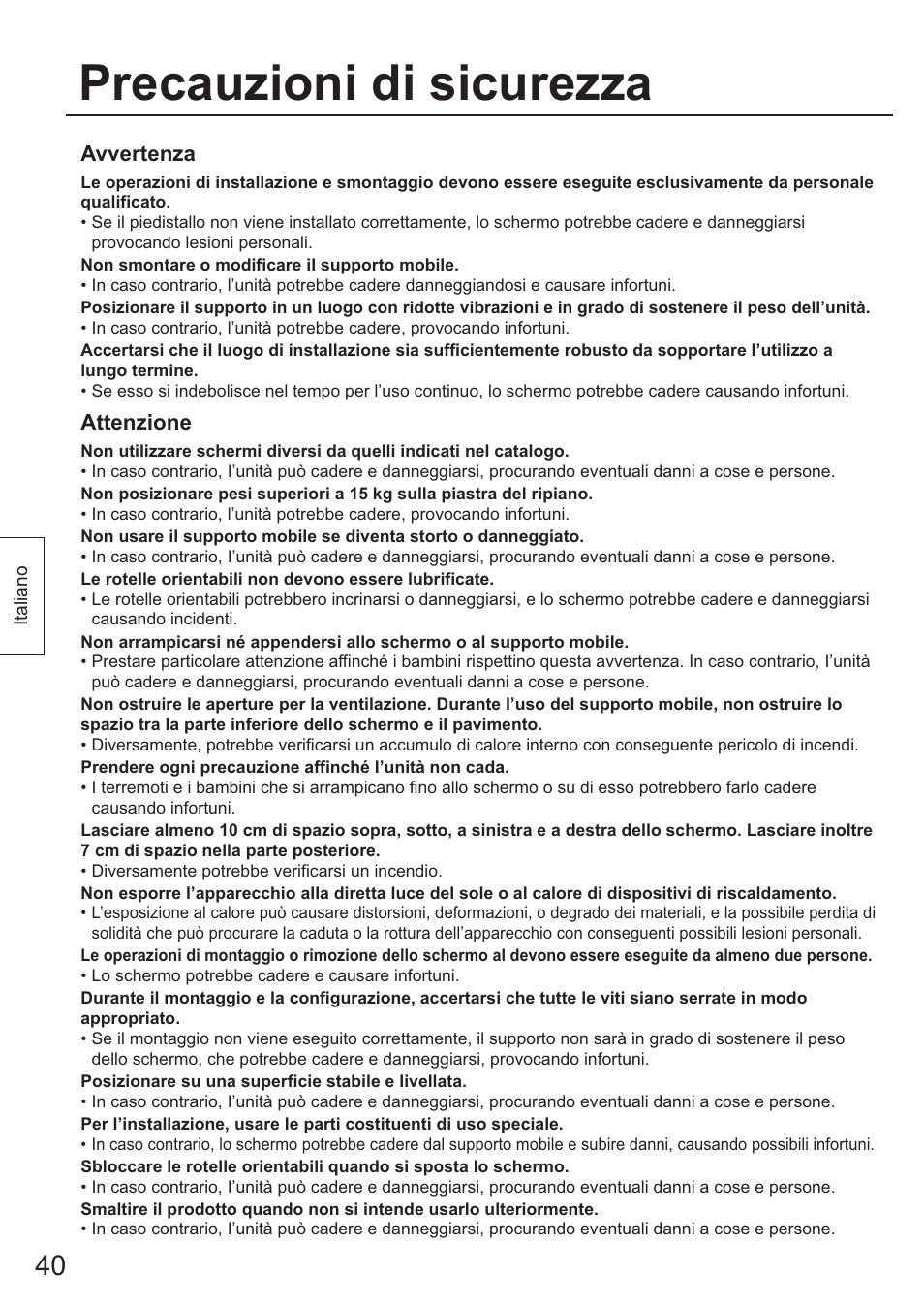 Precauzioni di sicurezza, Avvertenza, Attenzione | Panasonic TYST65PF1 User Manual | Page 40 / 96
