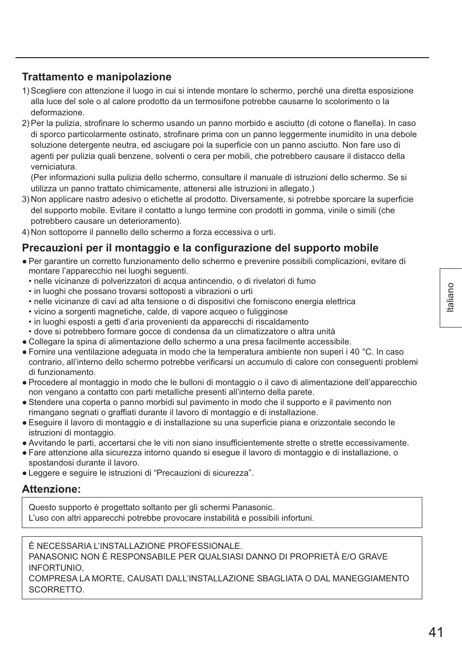 Trattamento e manipolazione, Attenzione | Panasonic TYST65PF1 User Manual | Page 41 / 96