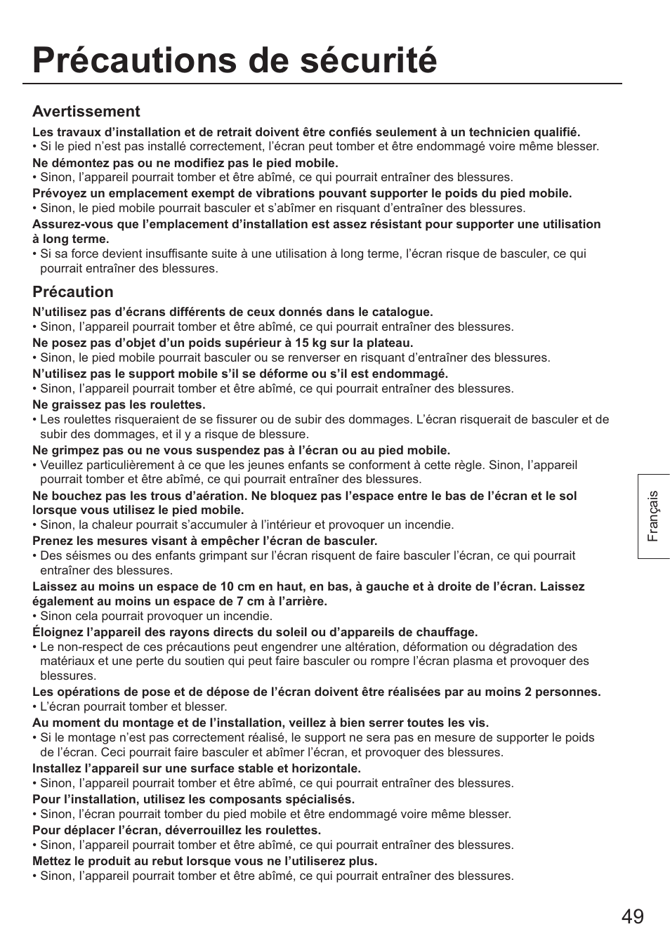 Précautions de sécurité, Avertissement, Précaution | Panasonic TYST65PF1 User Manual | Page 49 / 96