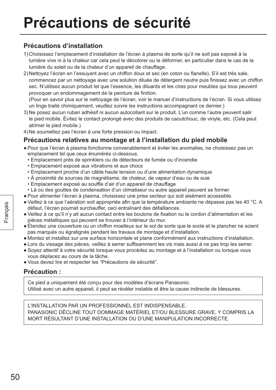 Précautions de sécurité, Précautions d’installation, Précaution | Panasonic TYST65PF1 User Manual | Page 50 / 96