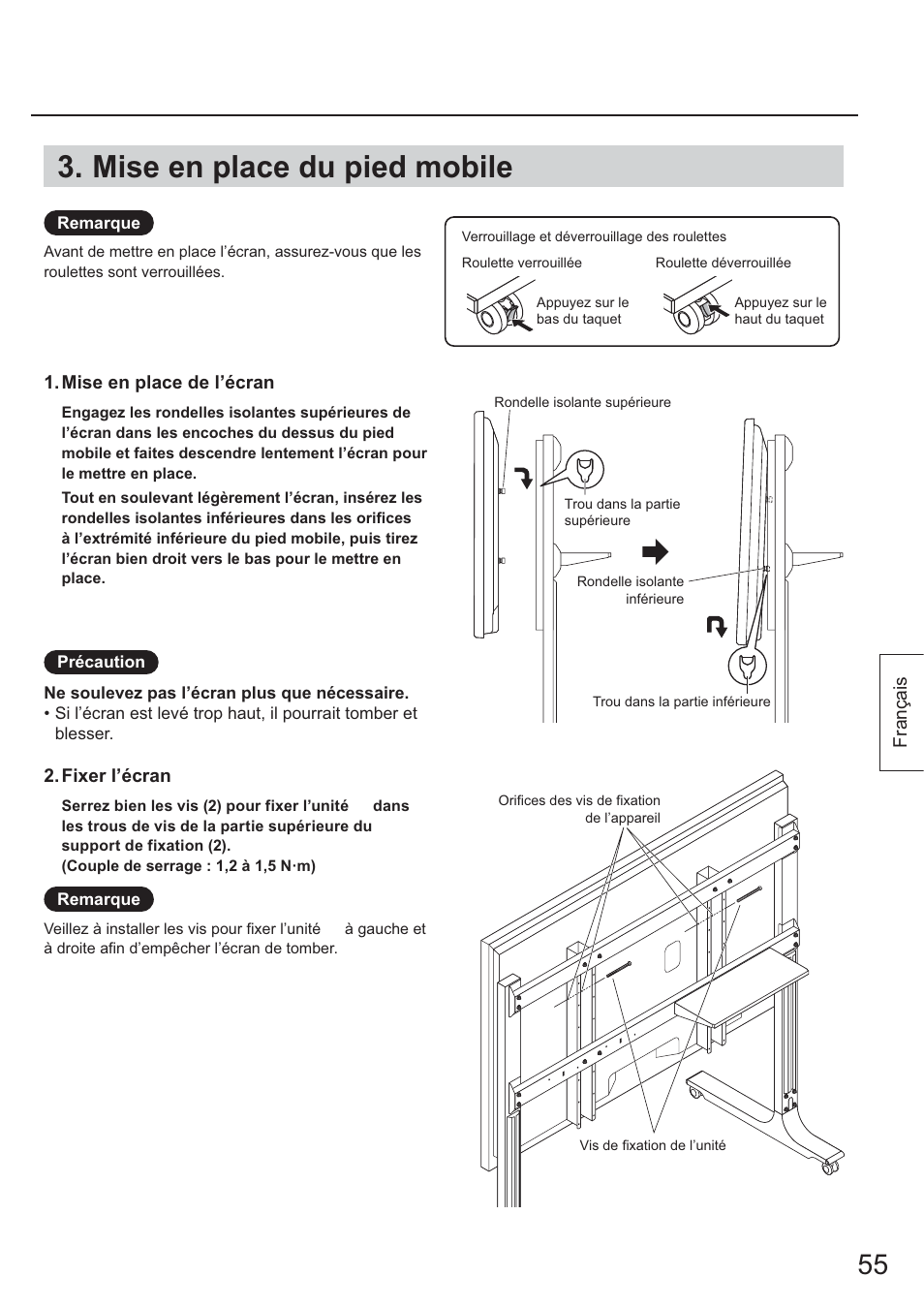 Mise en place du pied mobile | Panasonic TYST65PF1 User Manual | Page 55 / 96