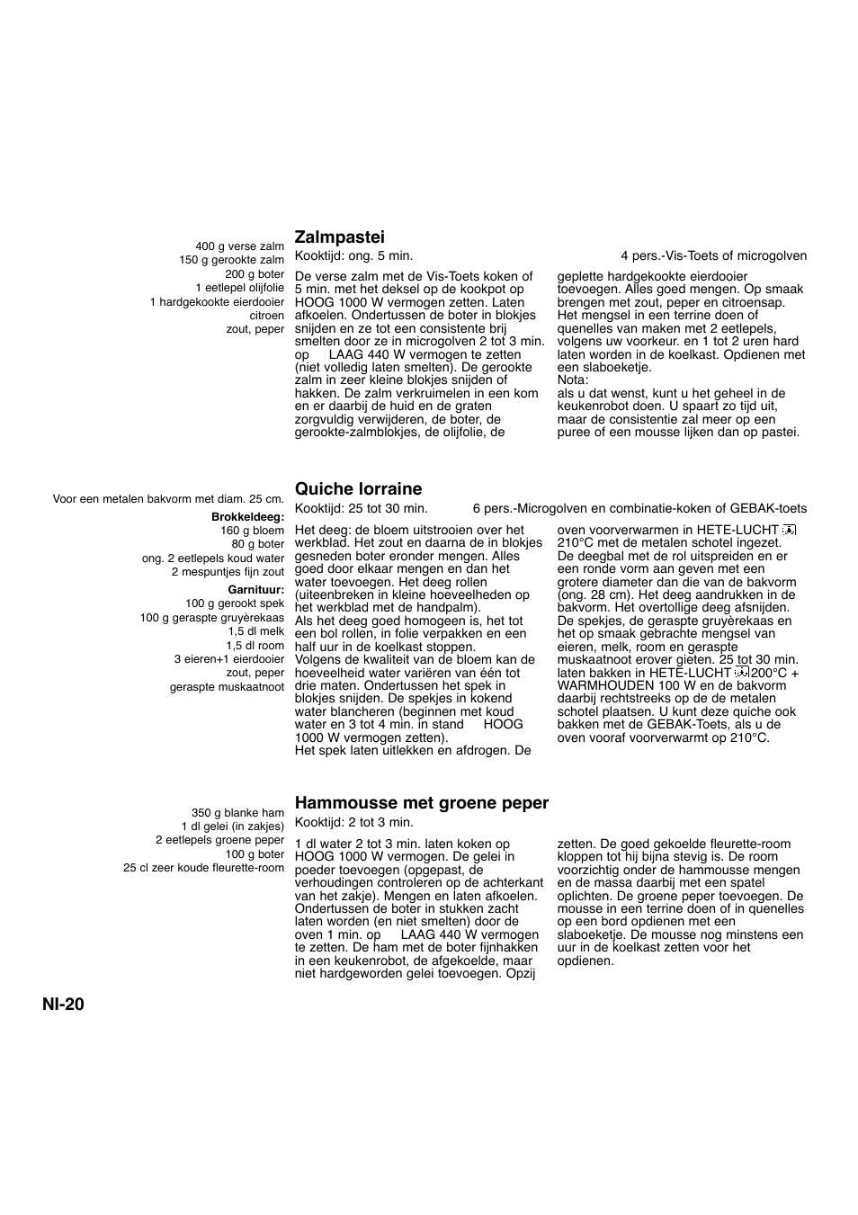 Ni-20, Zalmpastei, Quiche lorraine | Hammousse met groene peper | Panasonic NNA734MBEPG User Manual | Page 111 / 276